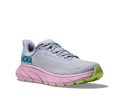 Hoka Arahi 7 women's stability running shoe gray and pink front angled side view