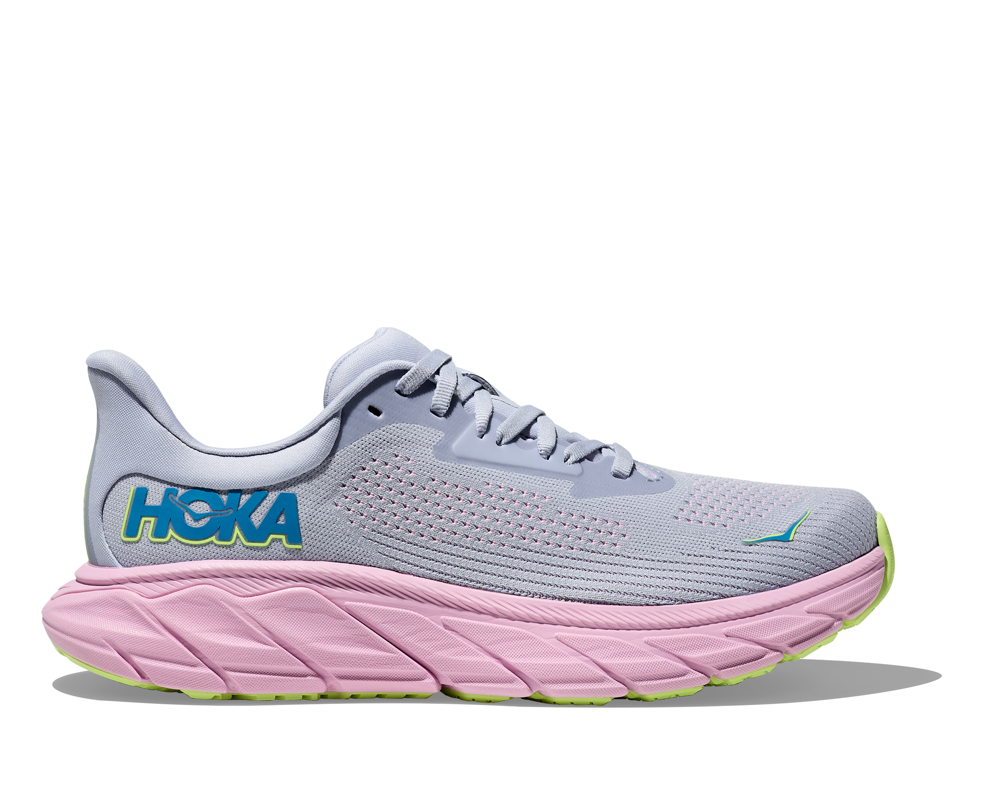 Hoka Arahi 7 women's stability running shoe gray and pink side view