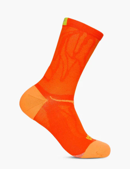 Orange sock with a brand logo on a white background