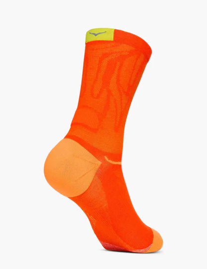 Orange sock with a yellow tag on a white background