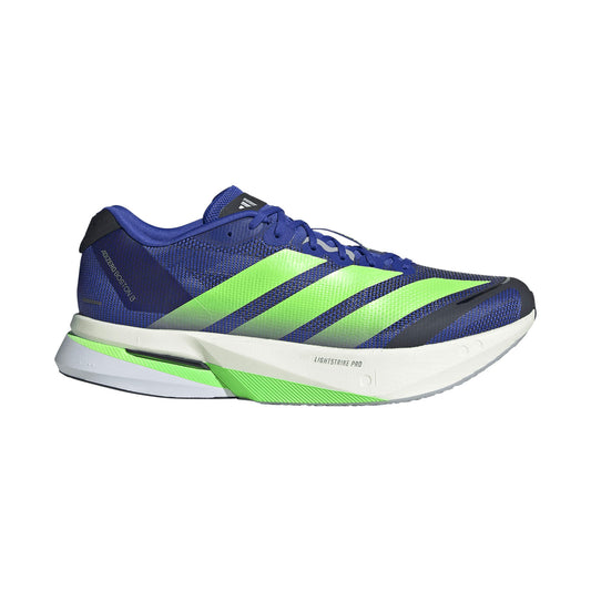 Blue and green Adidas running shoe on a white background