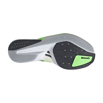 Close-up of a running shoe sole with brand logos on a white background
