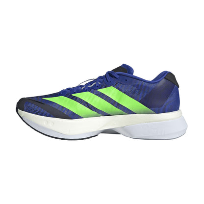 Blue and green running shoe with white sole on a white background