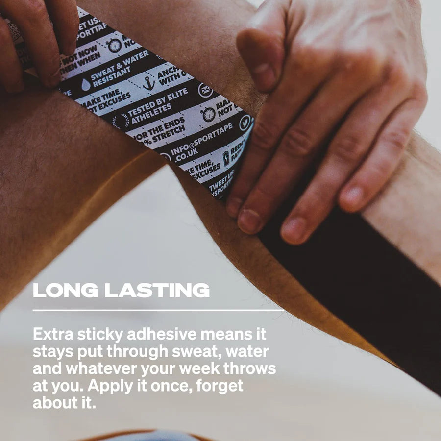 Person applying sports tape to their knee with text highlighting its long-lasting properties.