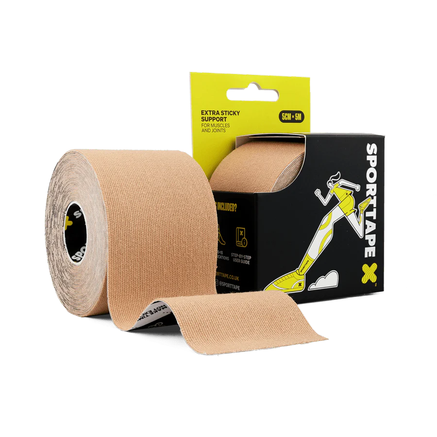 Kinesiology tape roll with Sportape packaging on a white background