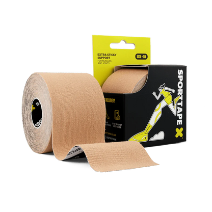Kinesiology tape roll with Sportape packaging on a white background