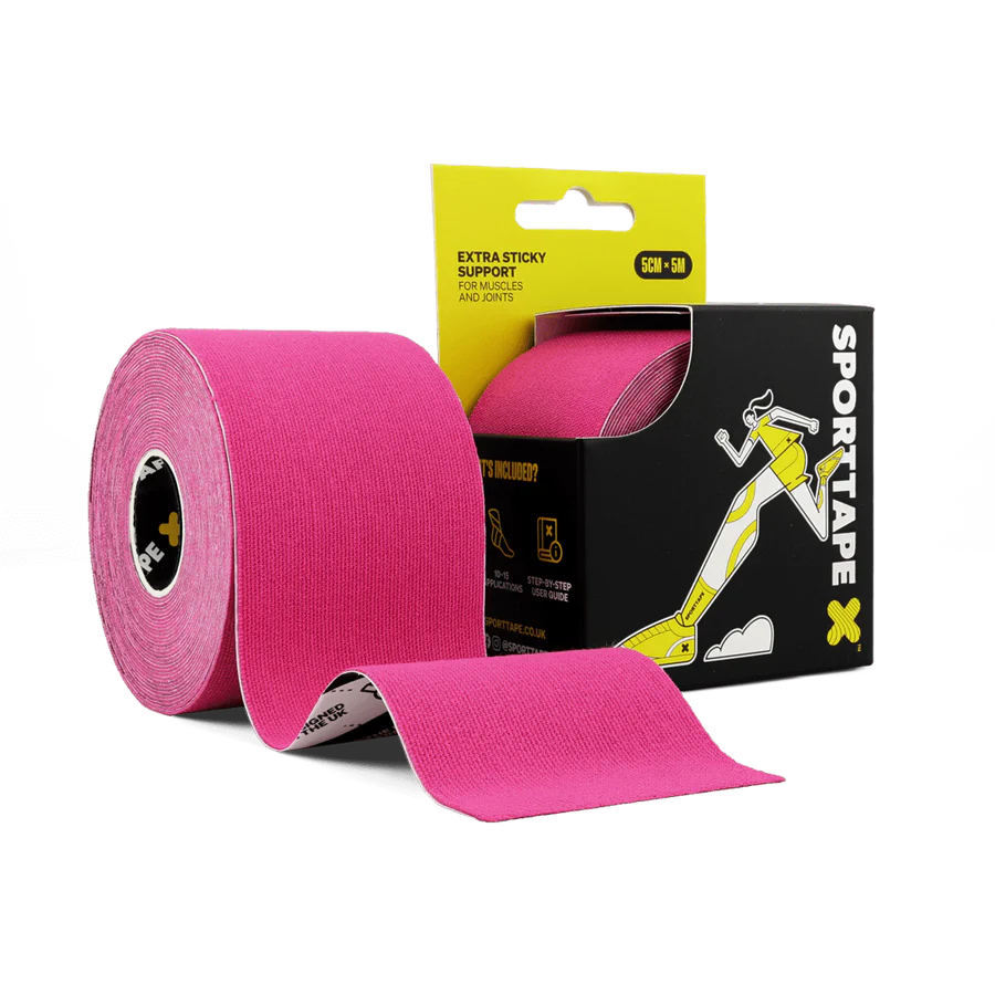 Pink kinesiology tape with Sportape packaging on a white background