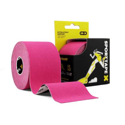Pink kinesiology tape with Sportape packaging on a white background