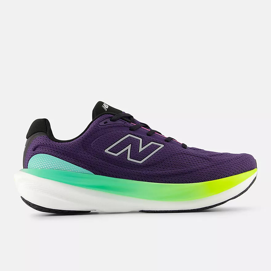 New Balance Men's 1080 v15 Purple running shoe with green and yellow sole on a white background