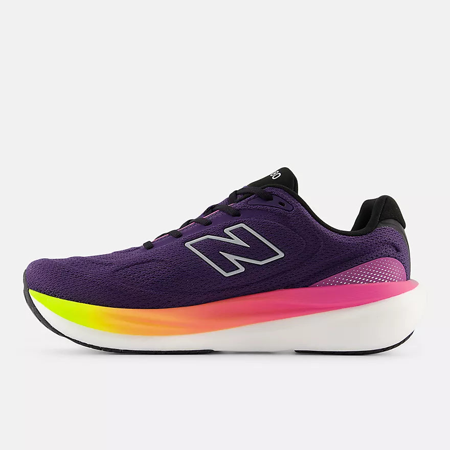 New Balance Men's 1080 v15 Purple running shoe with a colorful sole on a white background