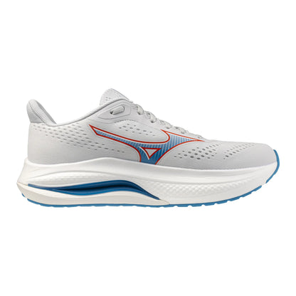 White Mizuno Inspire 22  running shoe with blue sole and red accents on a white background