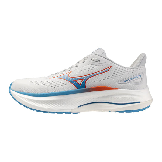White Mizuno Inspire 22 running shoe with blue and orange accents on a white background