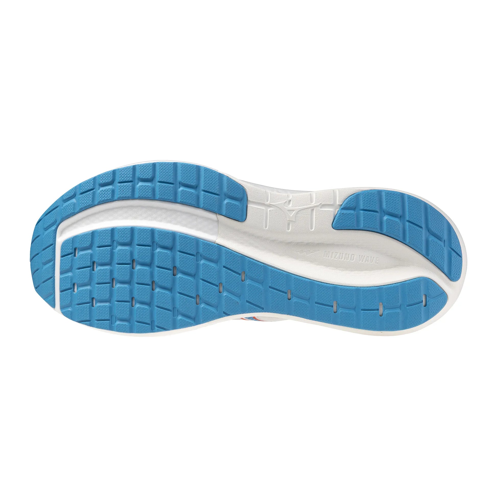 Close-up of a Mizuno Inspire 22 shoe sole with blue tread pattern on a white background
