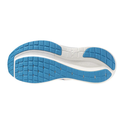 Close-up of a Mizuno Inspire 22 shoe sole with blue tread pattern on a white background