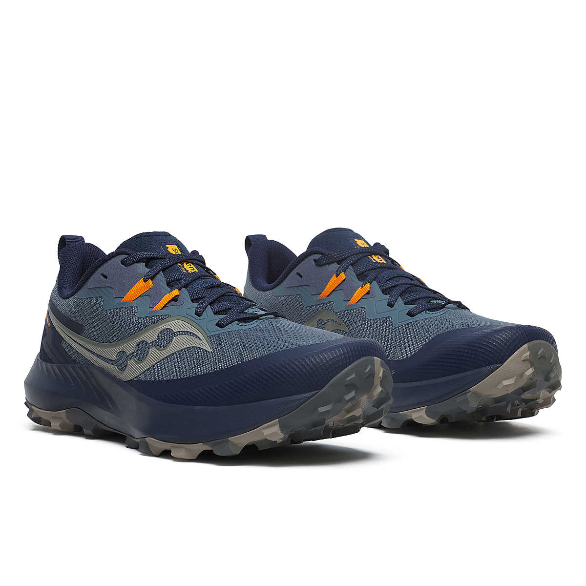 Saucony Peregrine 14 men's trail running shoe steel blue, gray and orange front side angled view pair