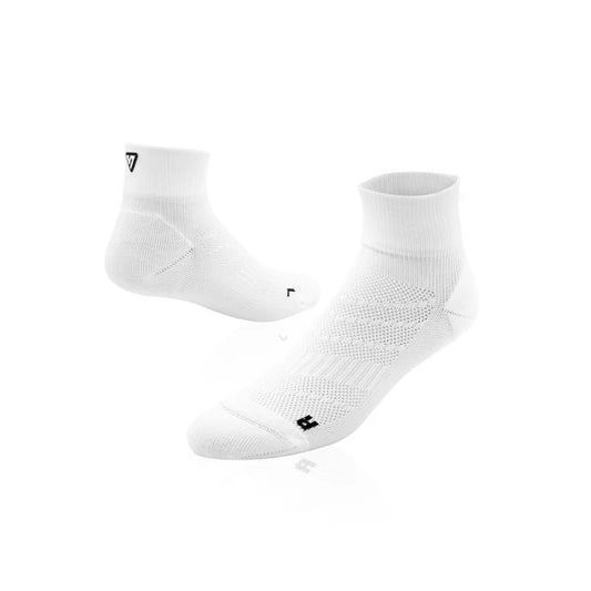 Two white socks with a brand logo on a white background
