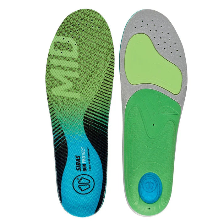 Sidas RunProtect arch supporting footbeds for medium arch, green/blue Green and gray insole with brand logo on a white background
