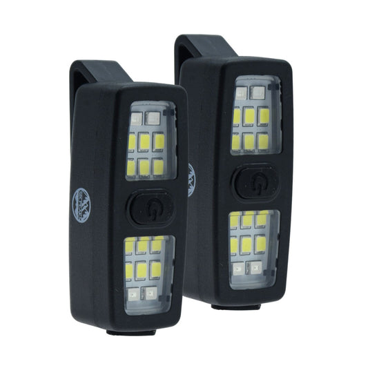 Two black rectangular LED light bars with clip-on mounting tabs, shown on a plain white background.