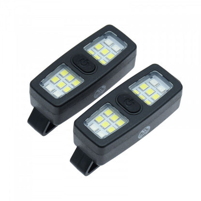 Two black car interior light reflectors with integrated LED lights and power buttons, shown on a plain white background.