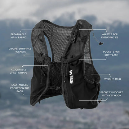Black hydration vest with features labeled against a mountainous background