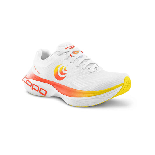 White running shoe with red and yellow accents on a white background