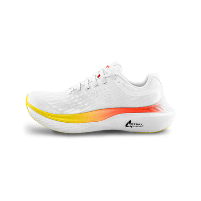 White running shoe with a colorful sole on a white background