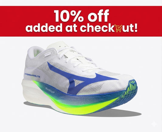 White running shoe with blue and green sole on a white background with red banner offering 10% off at checkout.