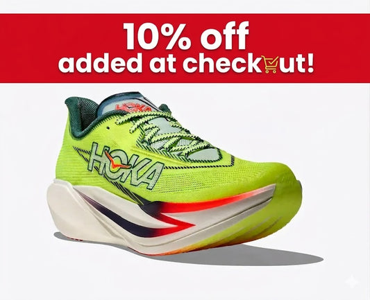Yellow running shoe with Hoka branding on a white background, promotional text for 10% off at checkout.