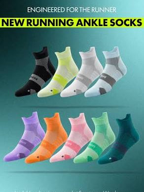 Promotional graphic for Versus running ankle socks showing eight different sock colors arranged in two rows on a teal gradient background, with text reading 'ENGINEERED FOR THE RUNNER' and 'NEW RUNNING ANKLE SOCKS'.