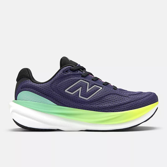 New Balance Women's 1080 v15 Purple running shoe with green sole on a white background