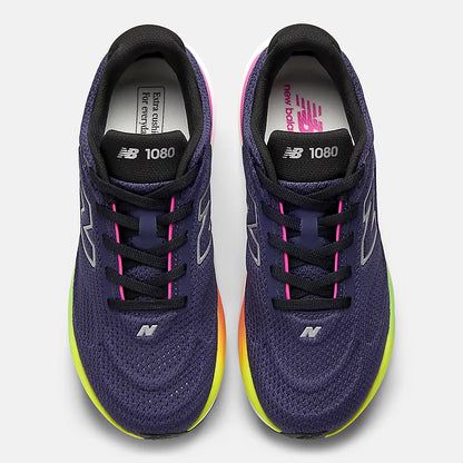 New Balance Women's 1080 v15 Purple running shoes with black and pink accents on a white background