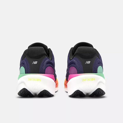 Pair of black and purple New Balance Women's 1080 v15 running shoes with colorful soles on a white background