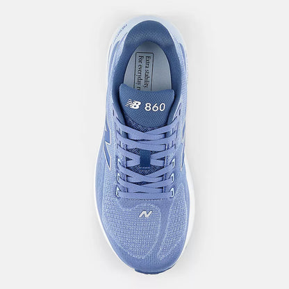 New Balance Women's 860 v15 Wide Blue athletic shoe with 'New Balance' branding on a white background