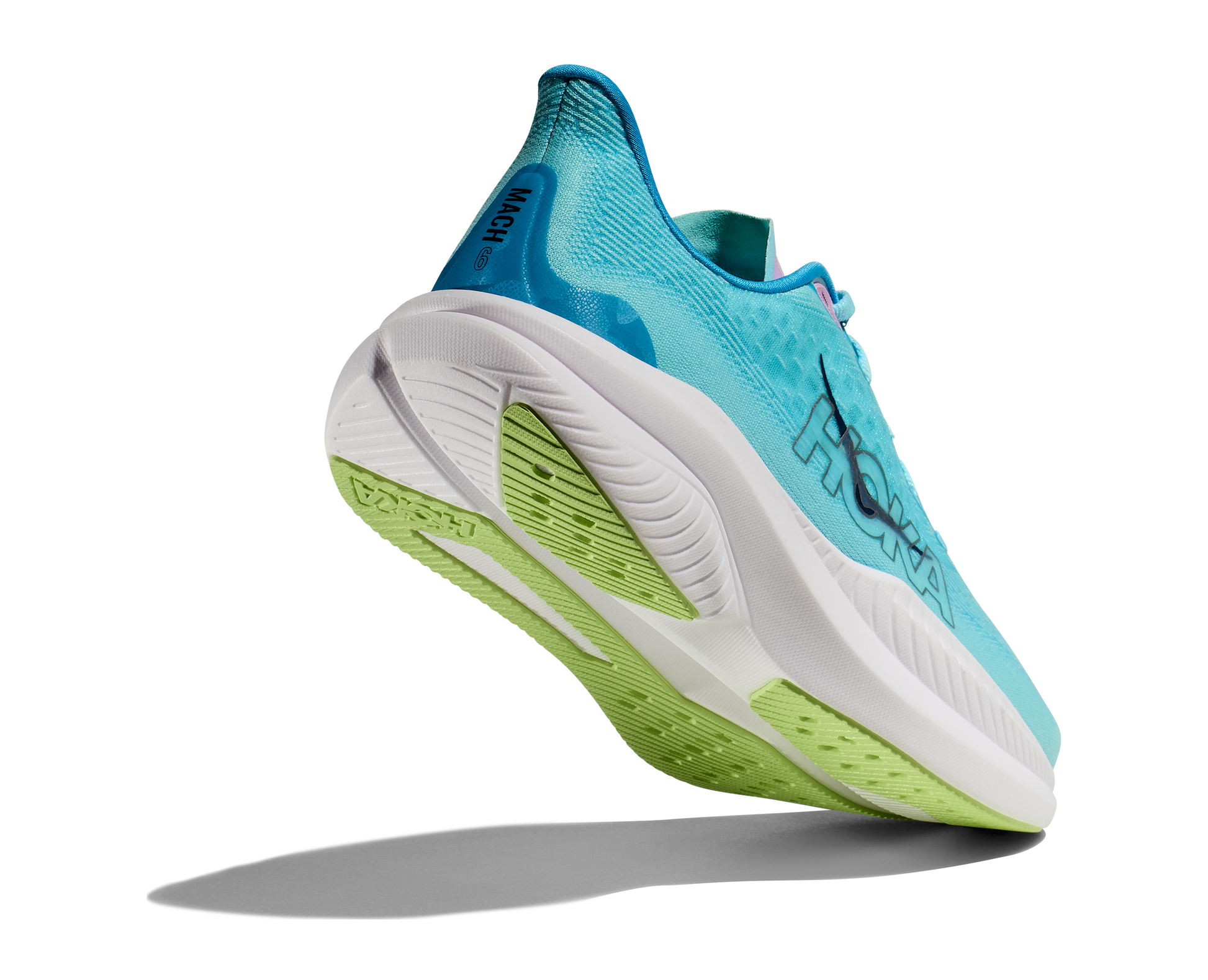 Hoka Mach 6 women's running shoe light blue and white raised rear side view