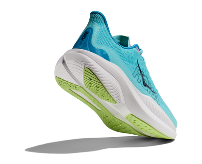 Hoka Mach 6 women's running shoe light blue and white raised rear side view