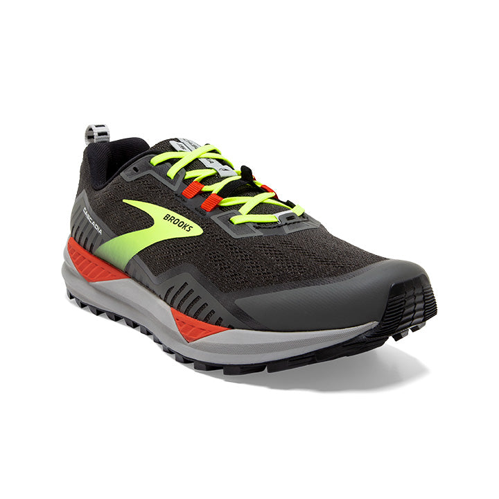 Brooks Cascadia 15 mens trail running shoe, black , gray, yellow, red