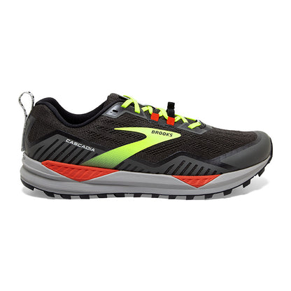 Brooks Cascadia 15 mens trail running shoe, black , gray, yellow, red