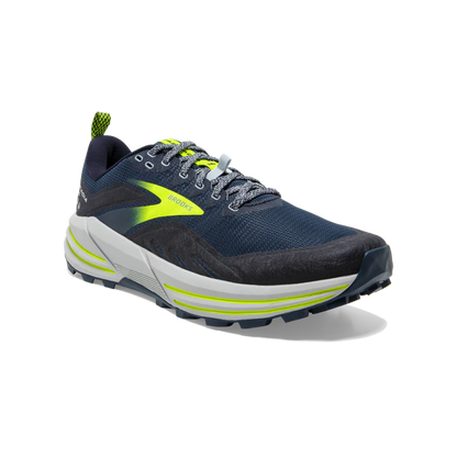 Brooks Cascadia  trail running shoe dark blue, yellow, grey