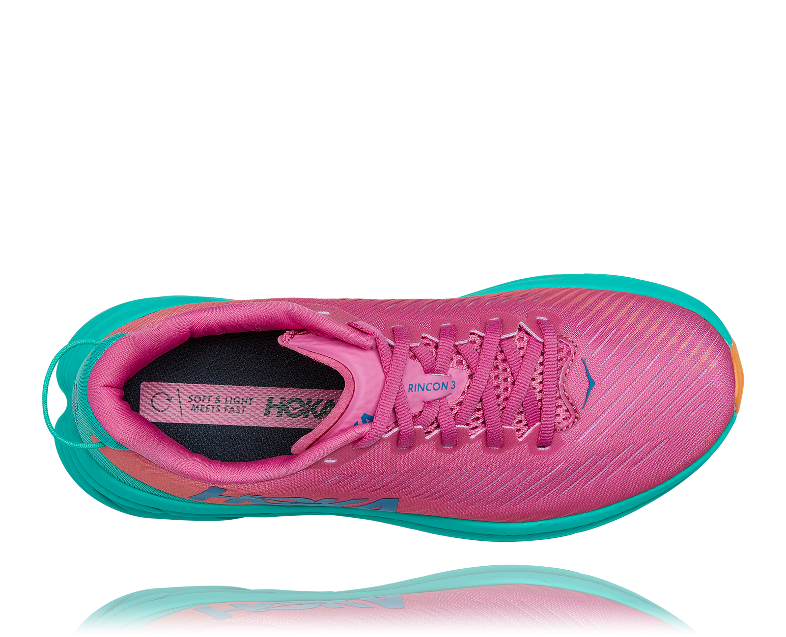 Hoka Womens Rincon 3 road running shoe, pink and blue colour, light weight for racing shoe, maximum cushioning, neutral shoe
