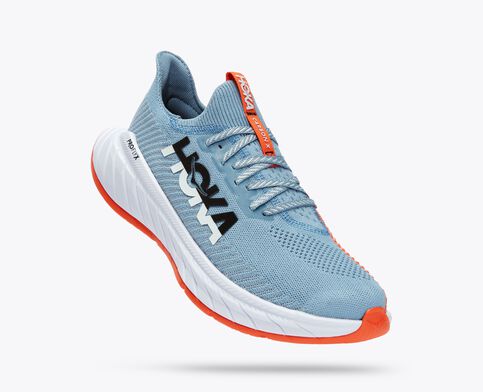 Hoka Carbon X3 men's running shoe, light blue, orange, white