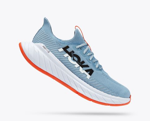 Hoka Carbon X3 men's running shoe, light blue, orange, white