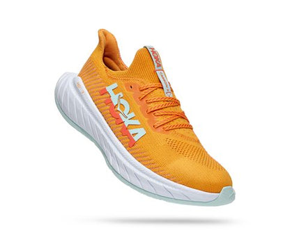 Hoka super Carbon X 3 road shoe for 2022 Orange fabic with white base.