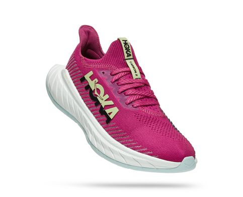 Hoka Carbon x 3 for women. New fitting upper on this light and fast training  & racing shoe. Purple and black fabric design.