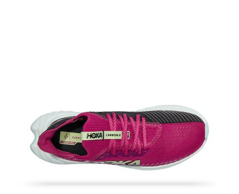 Hoka Carbon x 3 for women. New fitting upper on this light and fast training  & racing shoe. Purple and black fabric design.