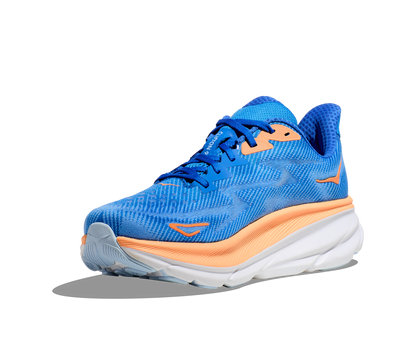 Hoka running shoe for men. Clifton 9. Blue and orange design.
