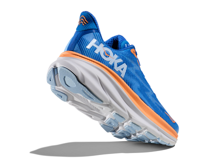 Hoka running shoe for men. Clifton 9. Blue and orange design.