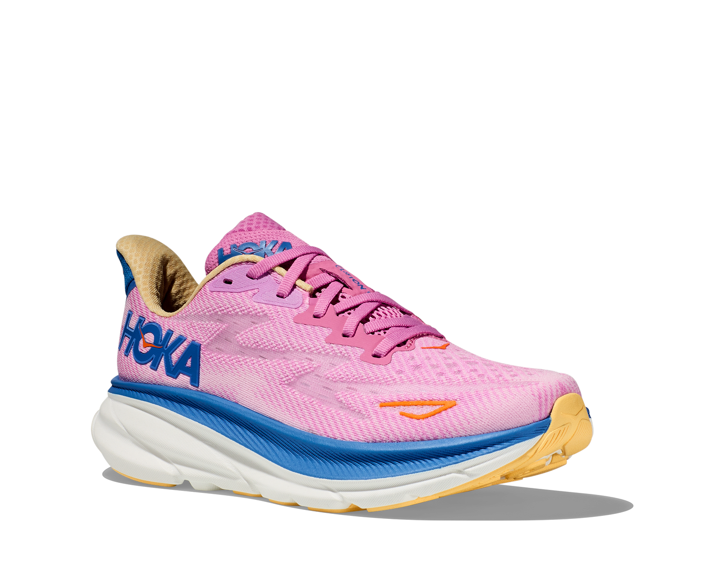 Hoka running shoe for Women. Clifton 9 is pink with blue details.