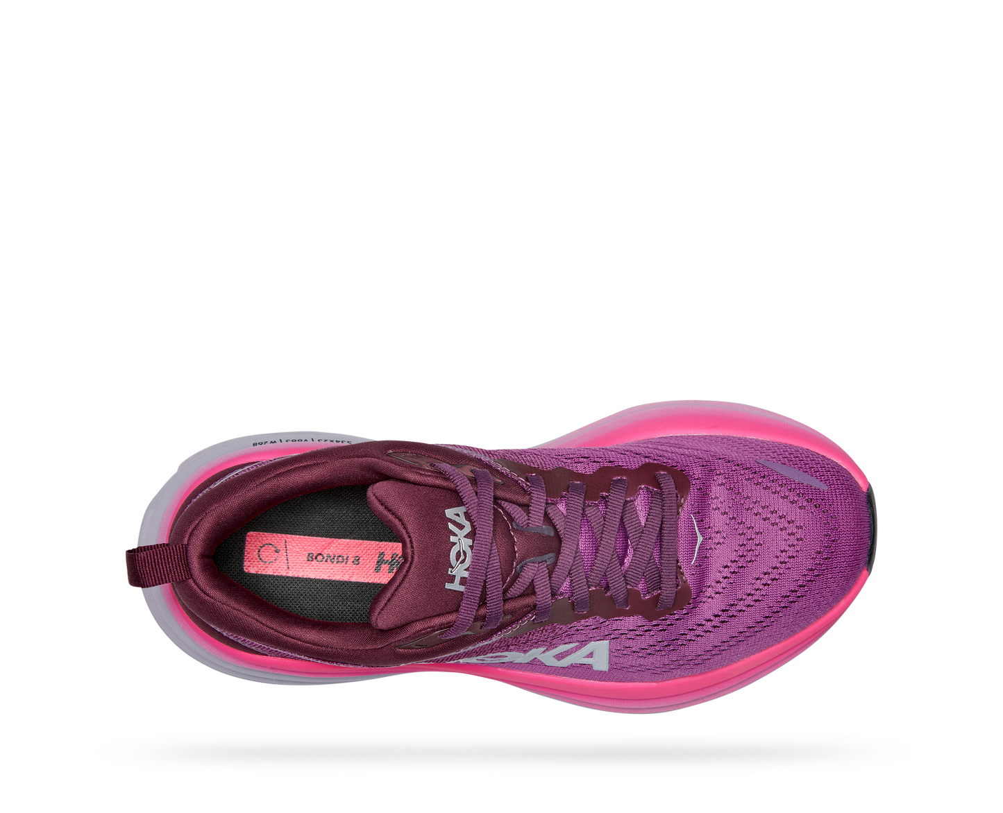 Hoka women's Bondi 8 neutral max cushion running shoe purple  and gray 