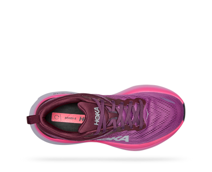 Hoka women's Bondi 8 neutral max cushion running shoe purple  and gray 
