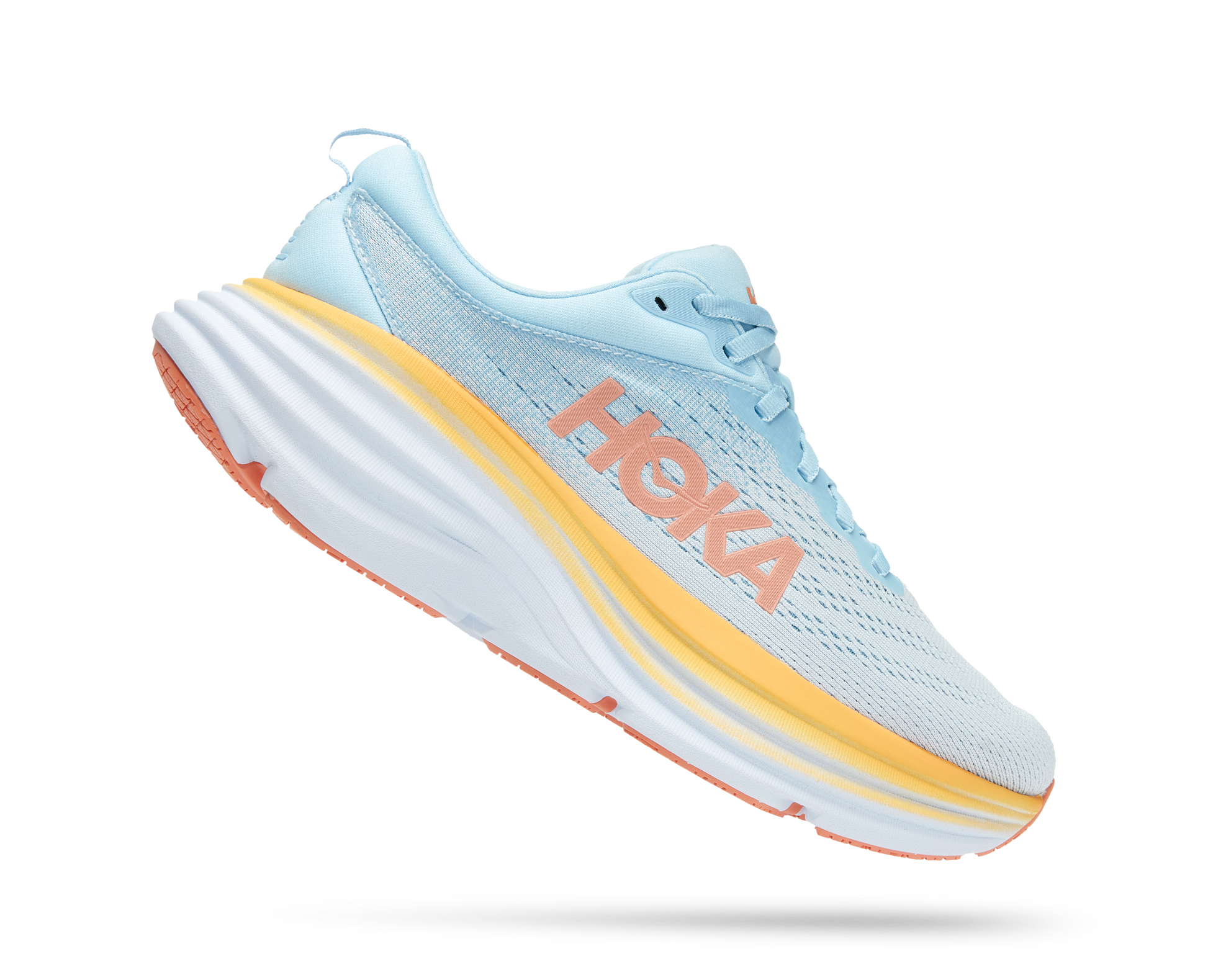 Hoka running shoe with light blue/grey fabrics and orange and white sole.